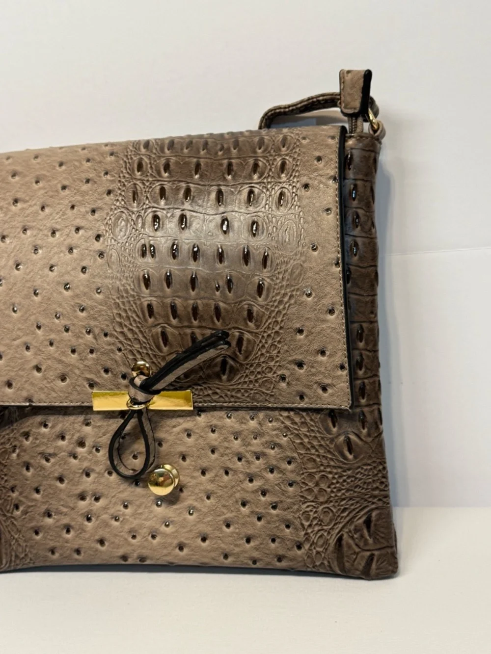 Taupe Croc Ostrich Embossed Crossbody Bag Gold Hardware